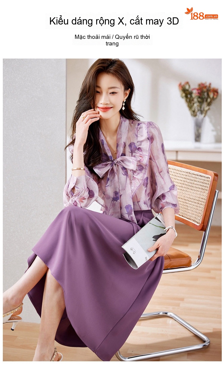Set Váy Áo Nữ Tay Dài Cổ Nơ Họa Tiết Thời Trang Thu Đông Màu Tím chi tiết 7