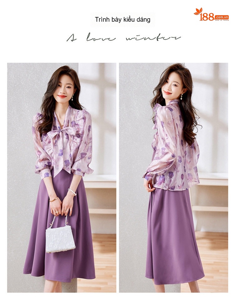 Set Váy Áo Nữ Tay Dài Cổ Nơ Họa Tiết Thời Trang Thu Đông Màu Tím chi tiết 8