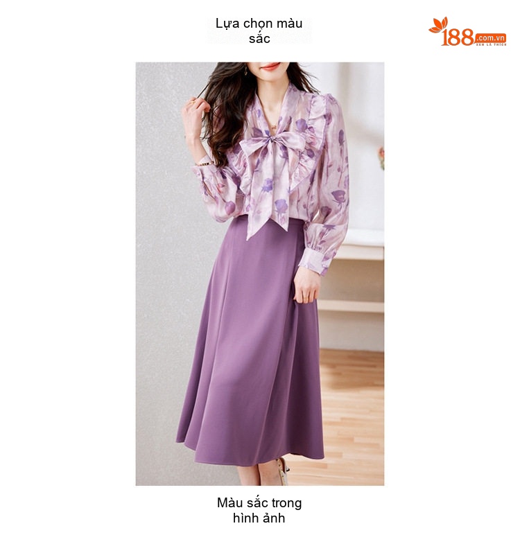 Set Váy Áo Nữ Tay Dài Cổ Nơ Họa Tiết Thời Trang Thu Đông Màu Tím chi tiết 12