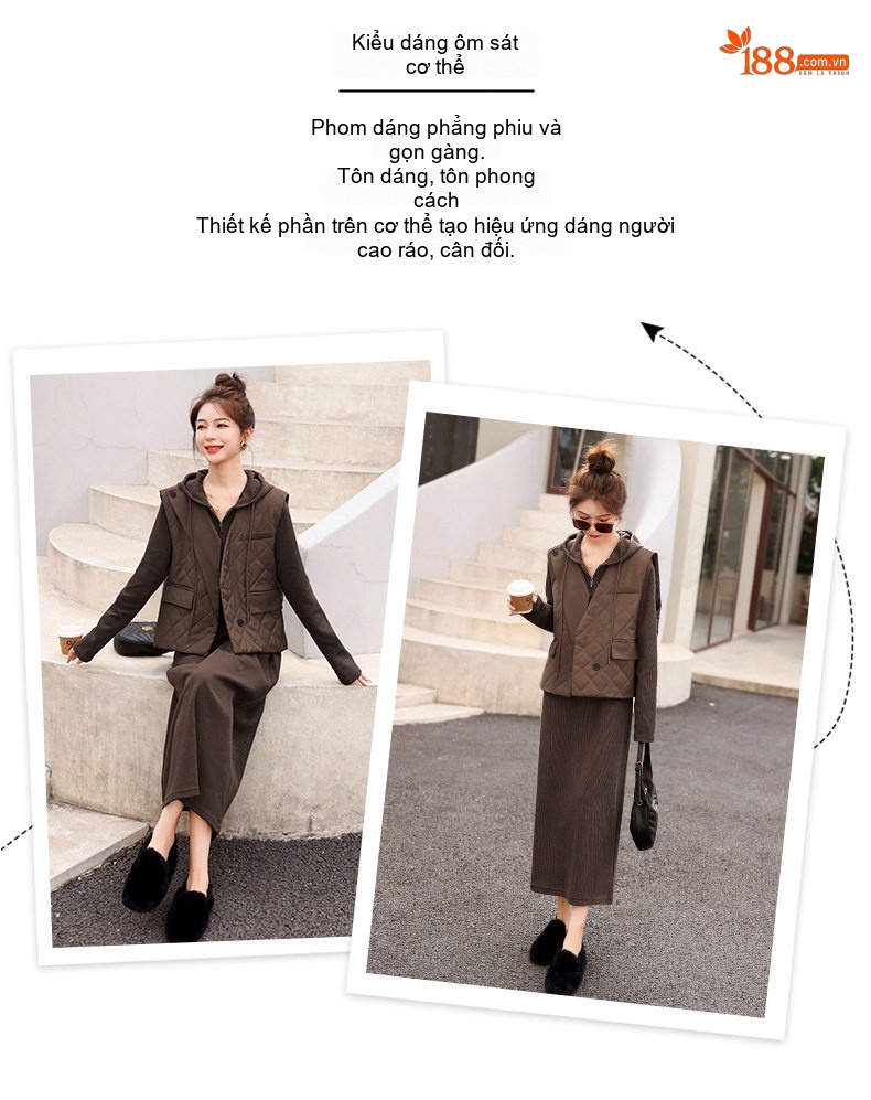 Set Váy Dài Tay Dệt Kim Và Áo Gile Nữ Thu Đông Màu Đen, Xanh Rêu chi tiết 3