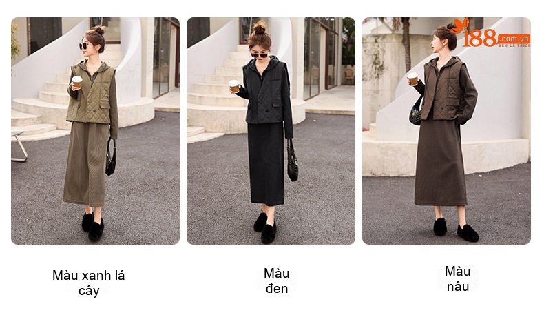 Set Váy Dài Tay Dệt Kim Và Áo Gile Nữ Thu Đông Màu Đen, Xanh Rêu chi tiết 7