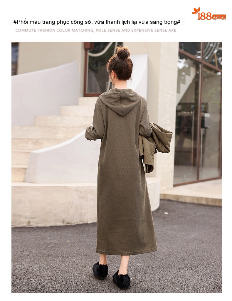Set Váy Dài Tay Dệt Kim Và Áo Gile Nữ Thu Đông Màu Đen, Xanh Rêu chi tiết 15