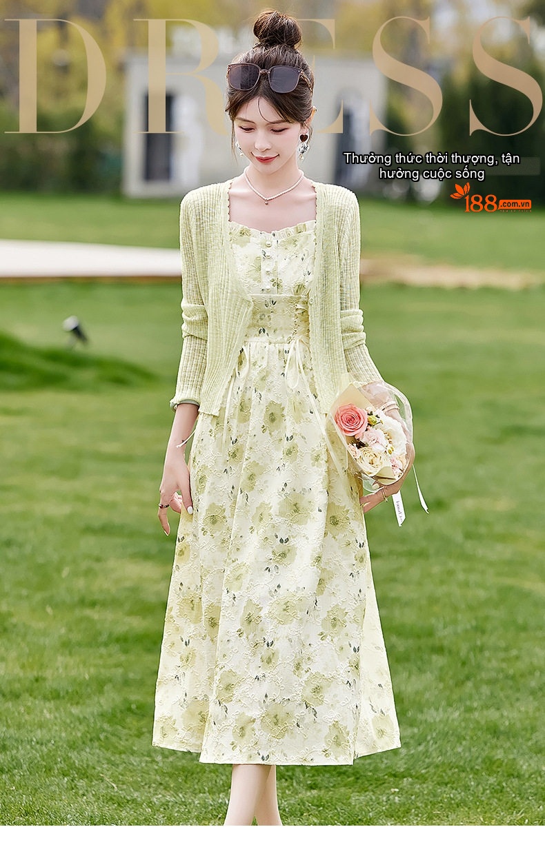 Set Váy Hai Dây Hoa Nhí Dáng Dài Kèm Áo Khoác Cardigan Dệt Kim Màu Vàng Nhạt chi tiết 1