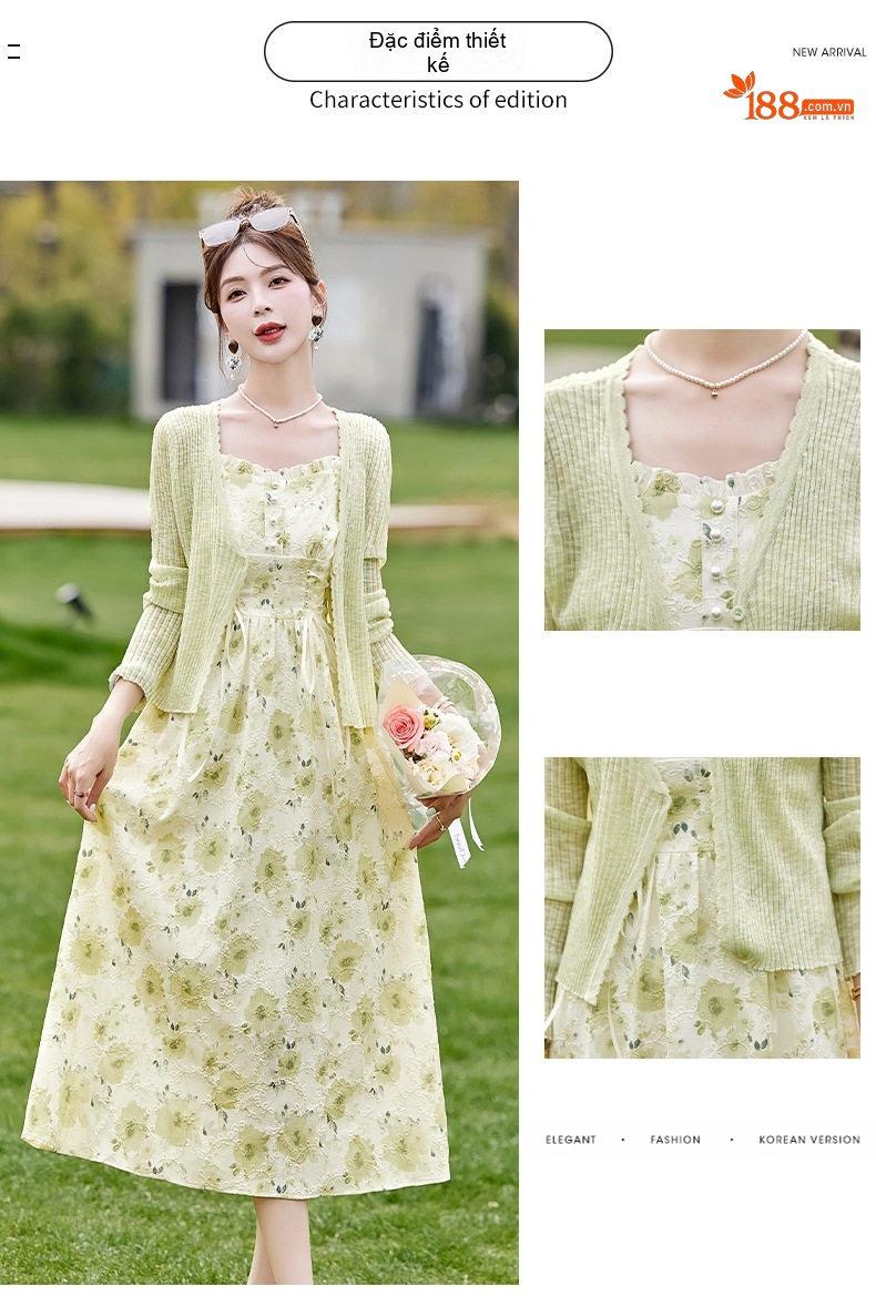 Set Váy Hai Dây Hoa Nhí Dáng Dài Kèm Áo Khoác Cardigan Dệt Kim Màu Vàng Nhạt chi tiết 3