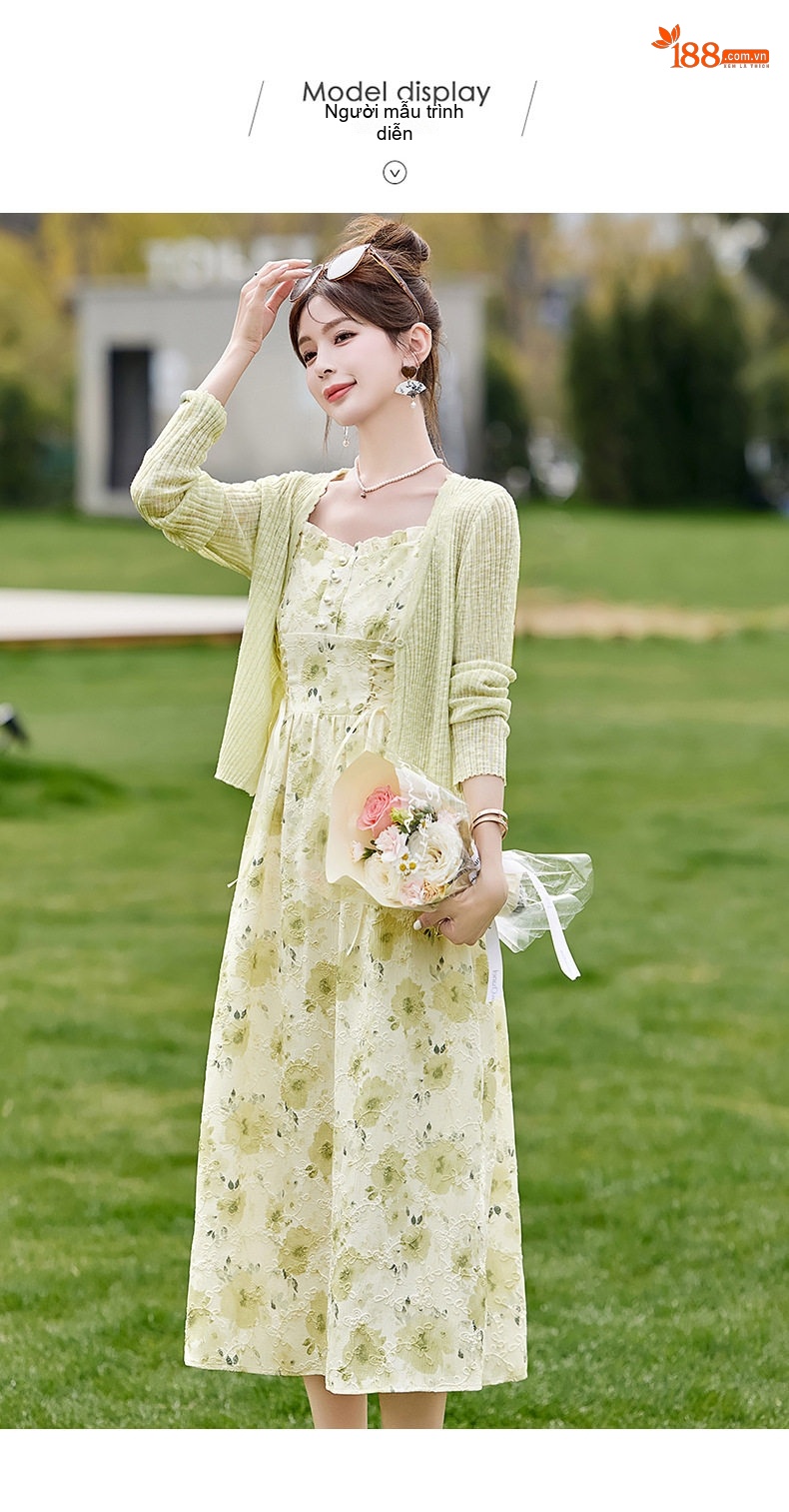 Set Váy Hai Dây Hoa Nhí Dáng Dài Kèm Áo Khoác Cardigan Dệt Kim Màu Vàng Nhạt chi tiết 10