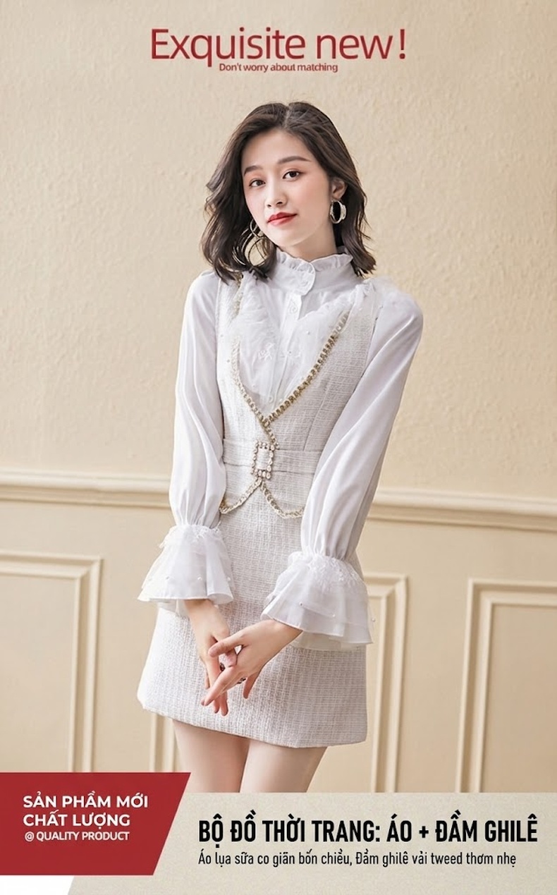 Set Váy Tiểu Thư Tay Dài Phong Cách Tiểu Hương Ngọt Ngào Hai Món Màu Trắng chi tiết 1