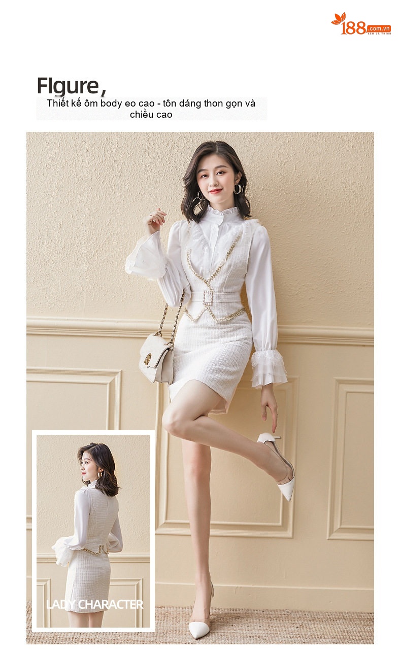 Set Váy Tiểu Thư Tay Dài Phong Cách Tiểu Hương Ngọt Ngào Hai Món Màu Trắng chi tiết 2