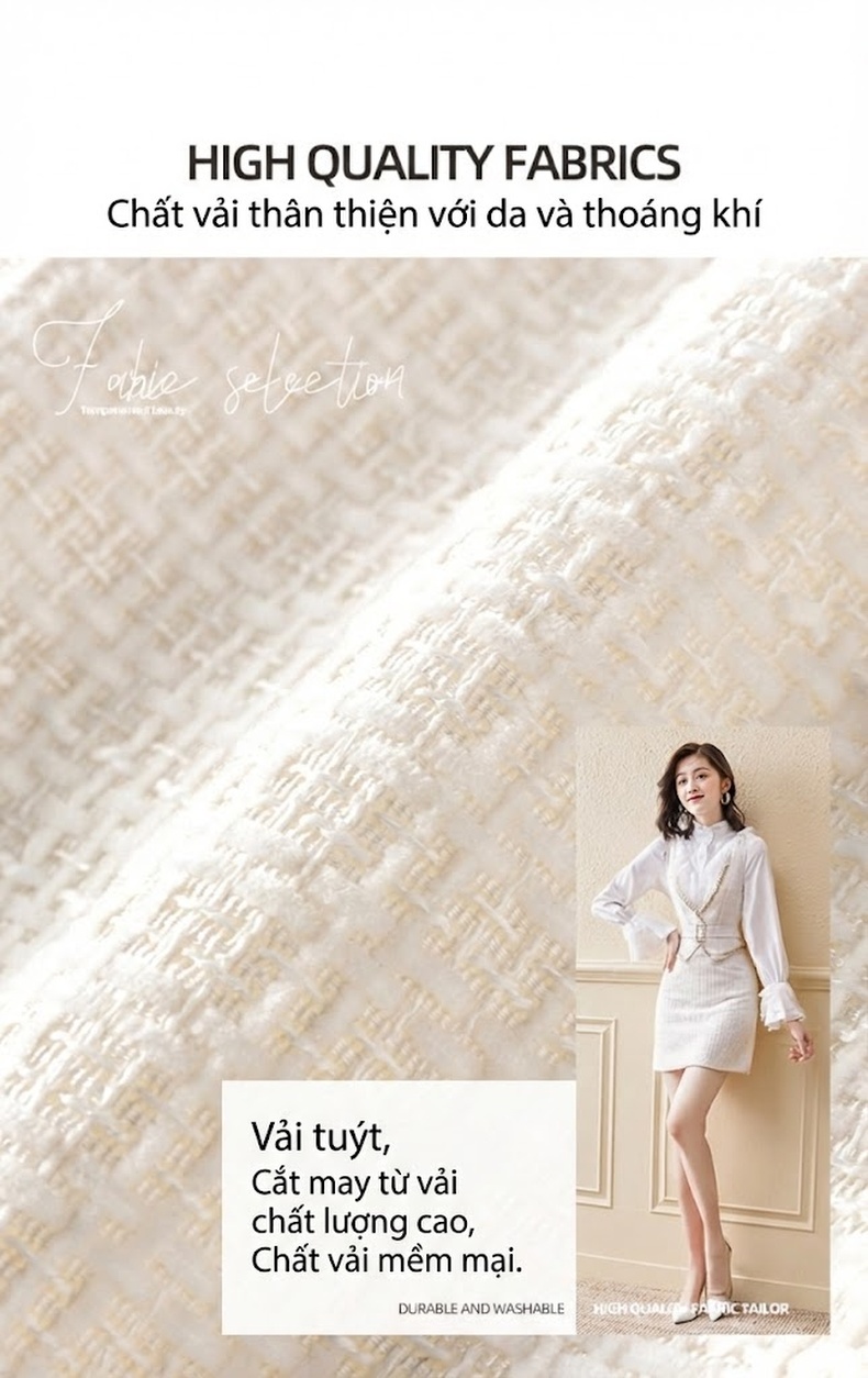 Set Váy Tiểu Thư Tay Dài Phong Cách Tiểu Hương Ngọt Ngào Hai Món Màu Trắng chi tiết 8