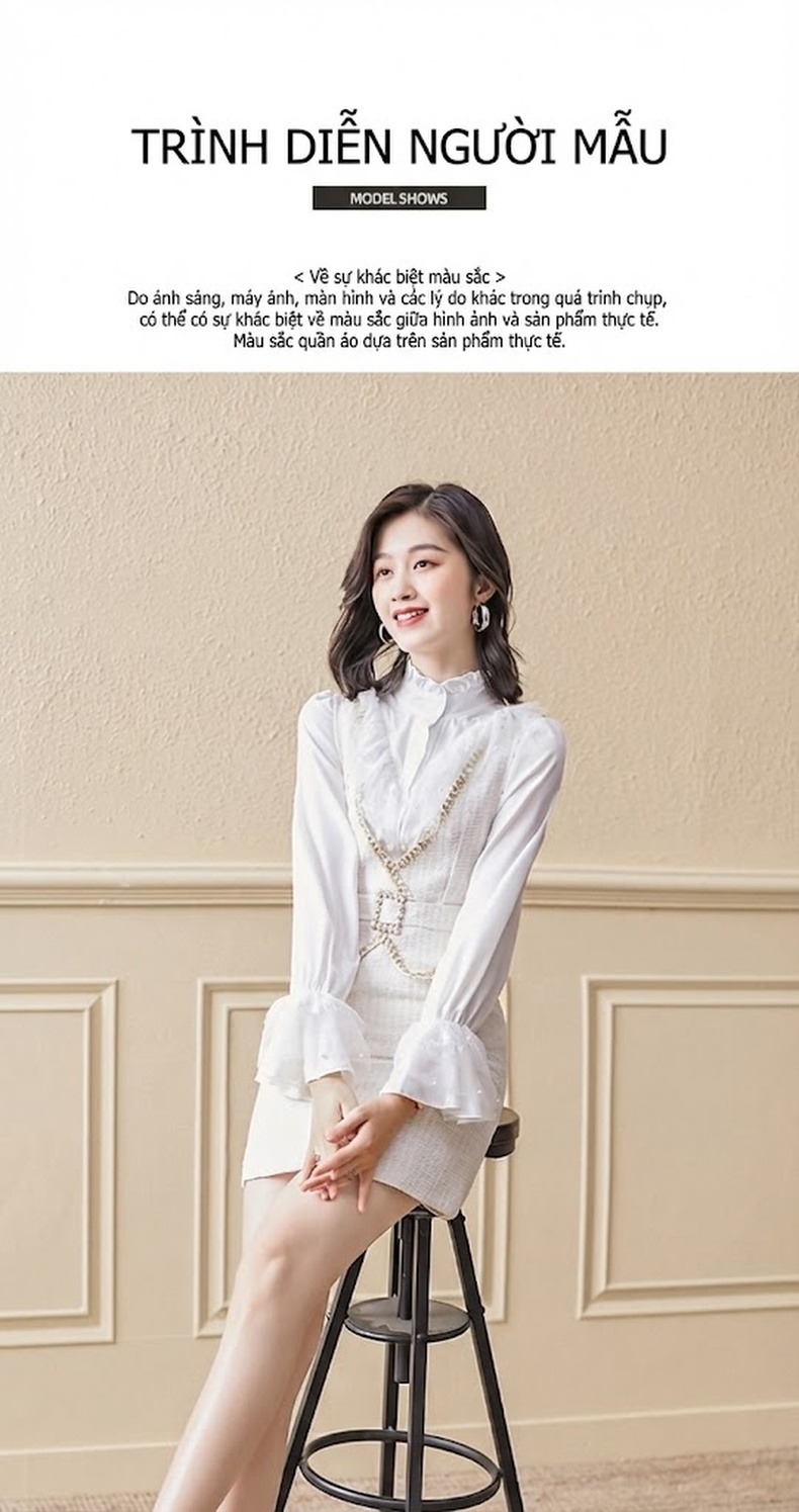Set Váy Tiểu Thư Tay Dài Phong Cách Tiểu Hương Ngọt Ngào Hai Món Màu Trắng chi tiết 9