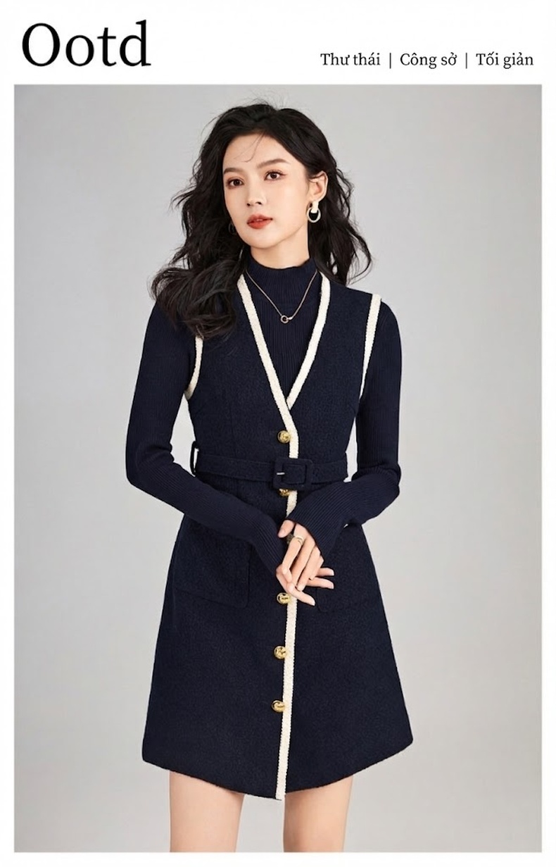Set Váy Yếm Len Tweed Không Tay và Áo Dệt Kim Nữ Phong Cách Tiểu Thư Màu Xanh Navy, Trắng chi tiết 1
