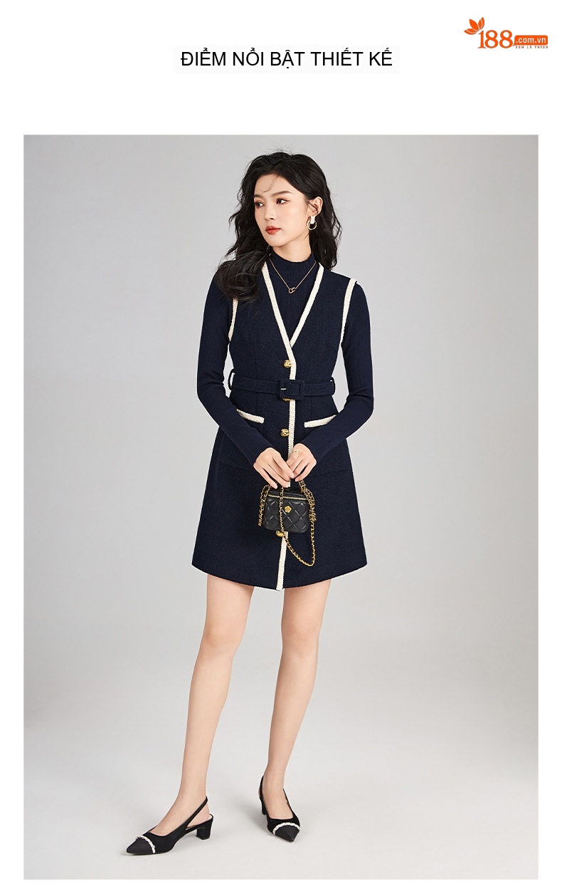 Set Váy Yếm Len Tweed Không Tay và Áo Dệt Kim Nữ Phong Cách Tiểu Thư Màu Xanh Navy, Trắng chi tiết 4