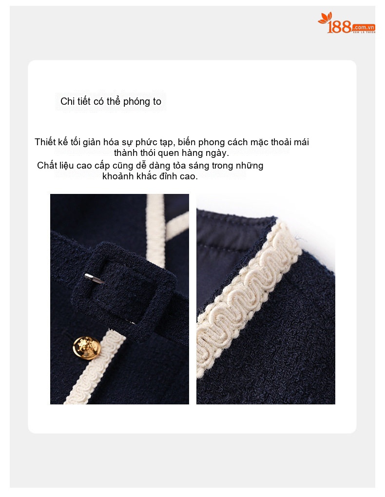 Set Váy Yếm Len Tweed Không Tay và Áo Dệt Kim Nữ Phong Cách Tiểu Thư Màu Xanh Navy, Trắng chi tiết 5