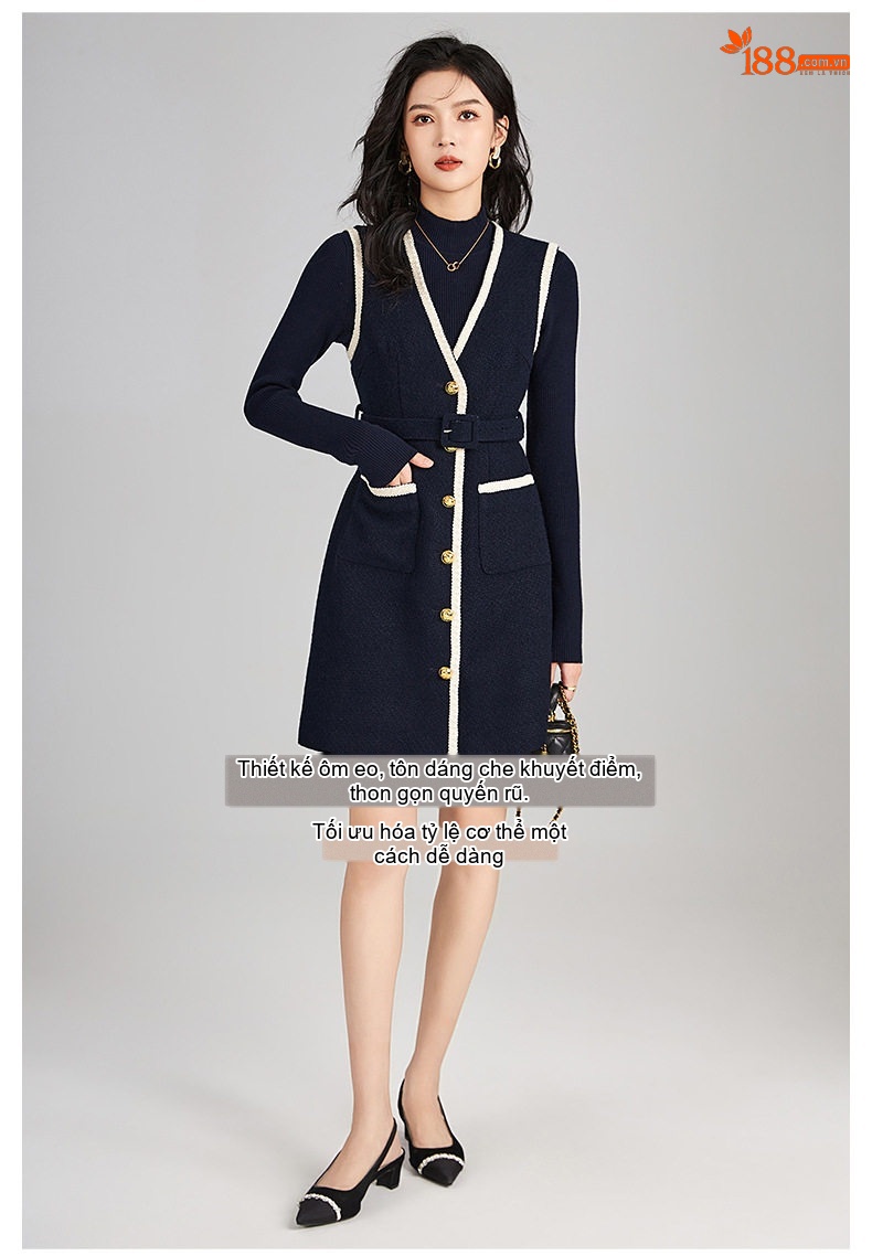 Set Váy Yếm Len Tweed Không Tay và Áo Dệt Kim Nữ Phong Cách Tiểu Thư Màu Xanh Navy, Trắng chi tiết 6