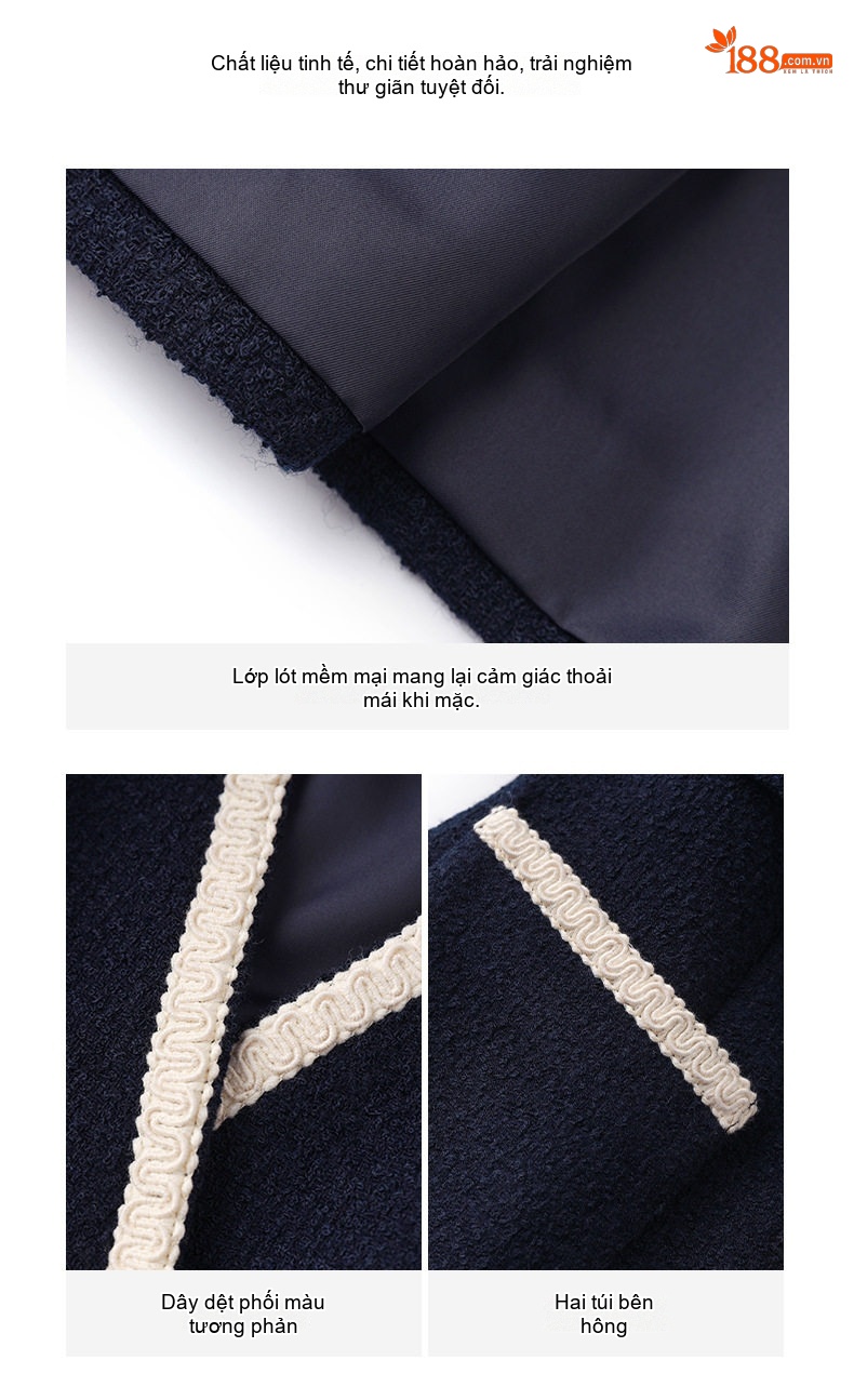 Set Váy Yếm Len Tweed Không Tay và Áo Dệt Kim Nữ Phong Cách Tiểu Thư Màu Xanh Navy, Trắng chi tiết 10