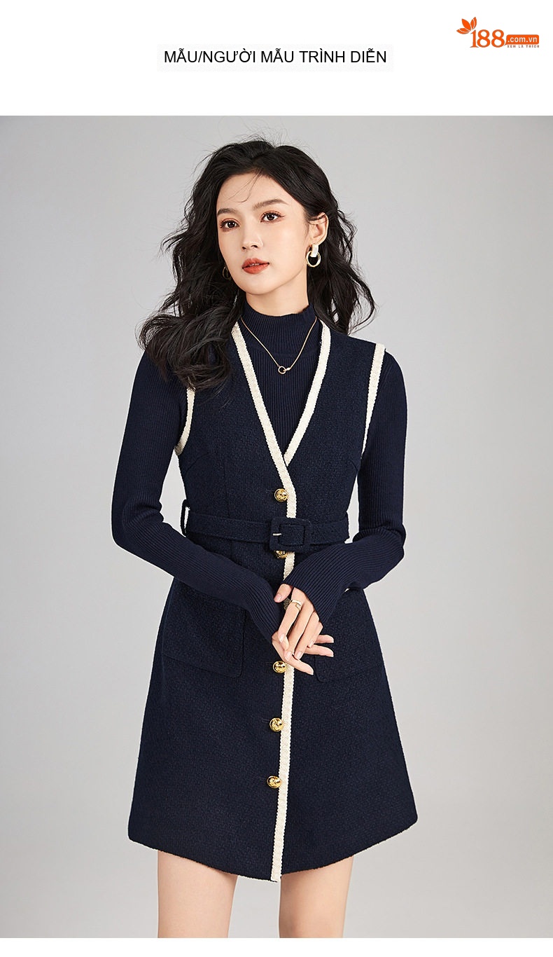 Set Váy Yếm Len Tweed Không Tay và Áo Dệt Kim Nữ Phong Cách Tiểu Thư Màu Xanh Navy, Trắng chi tiết 11