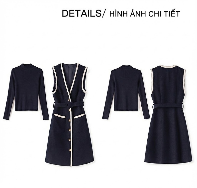 Set Váy Yếm Len Tweed Không Tay và Áo Dệt Kim Nữ Phong Cách Tiểu Thư Màu Xanh Navy, Trắng chi tiết 14