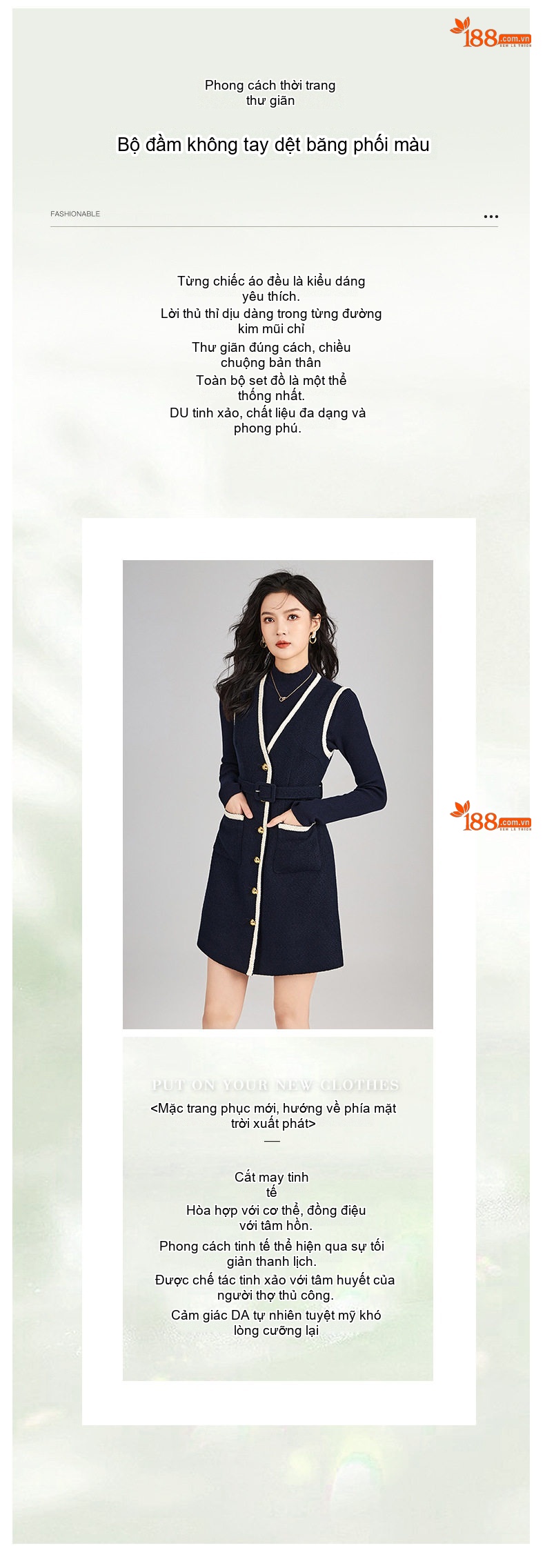 Set Váy Yếm Len Tweed Không Tay và Áo Dệt Kim Nữ Phong Cách Tiểu Thư Màu Xanh Navy, Trắng chi tiết 2