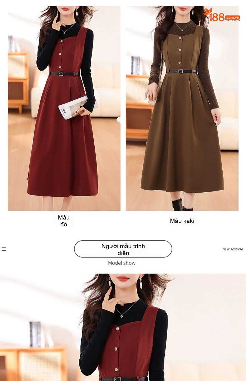 Set Váy Yếm Nữ Dáng Dài Kèm Áo Tay Dài Thiết Kế Cao Cấp Phong Cách Quý Cô Màu Đỏ, Đen chi tiết 8