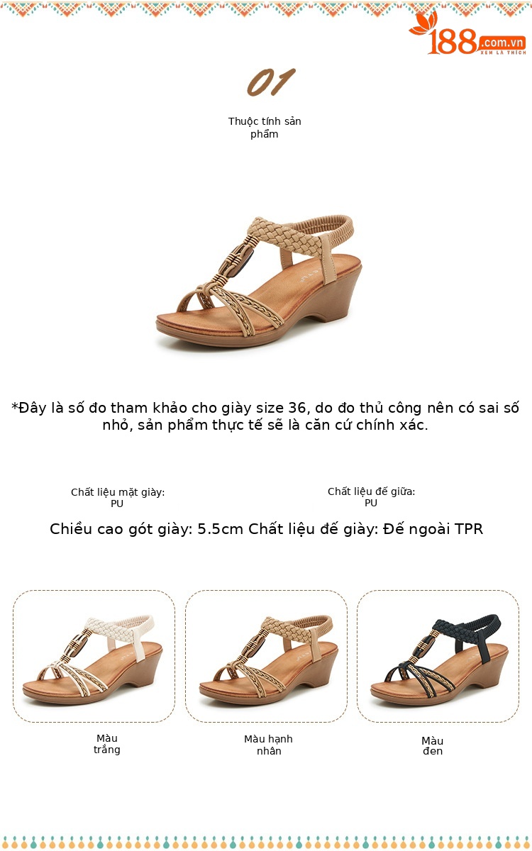 Dép sandal đế xuồng nữ khóa gỗ phong cách Amazon mùa hè 2025 — màu đen, Trắng, mơ chi tiết 2