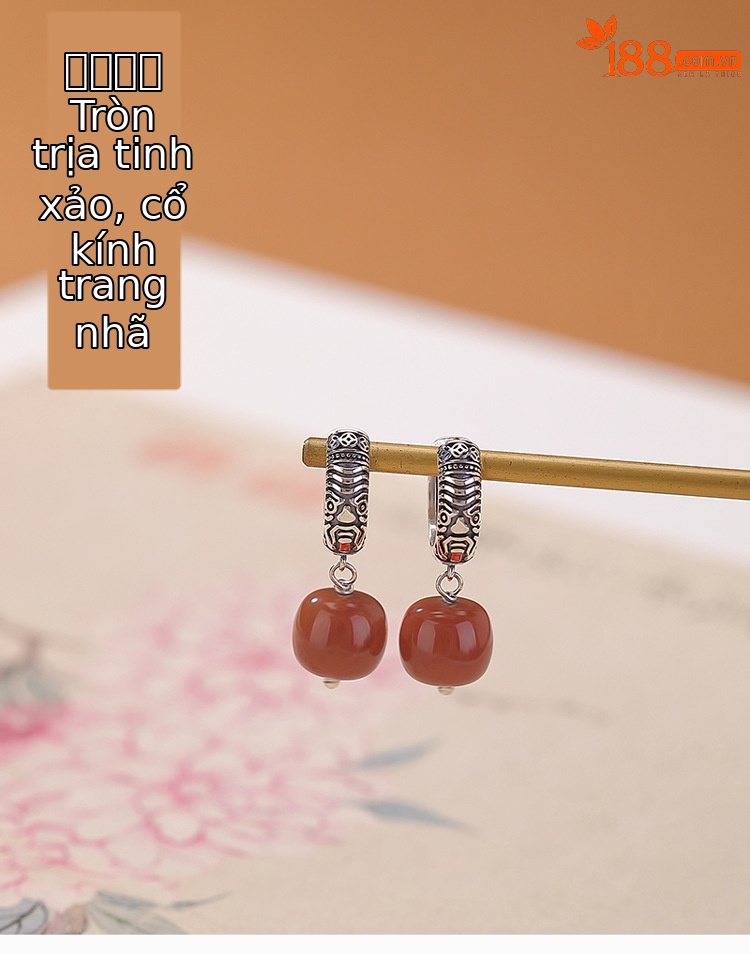 Bông tai bạc S925 đính mã não đỏ phong cách retro dân tộc — một cặp chi tiết 1