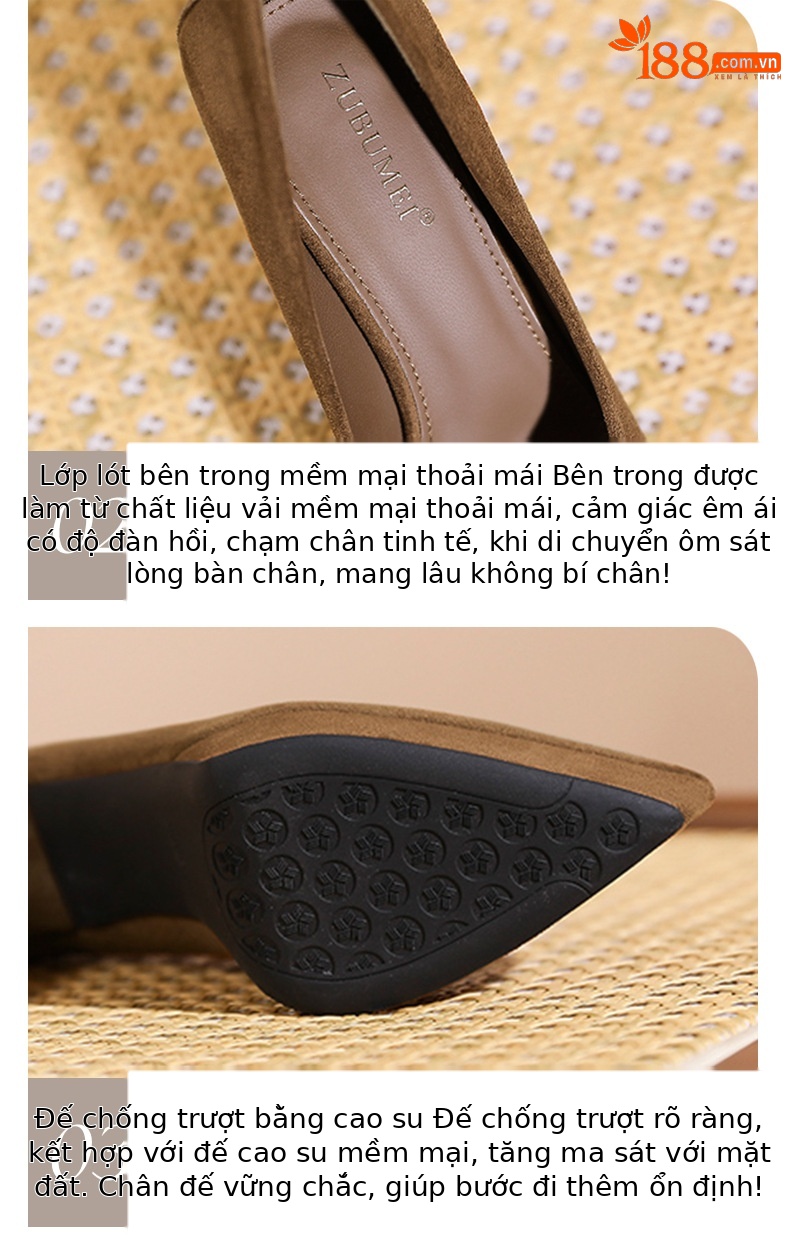 Giày cao gót nữ mũi nhọn đế xuồng da lộn gót mỏng — màu đen nhung chi tiết 5