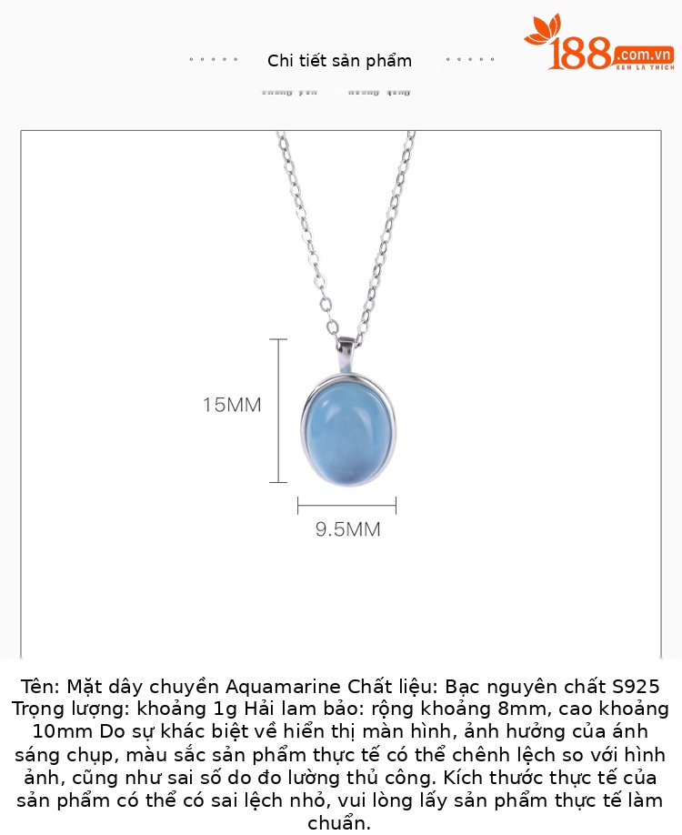 Mặt dây chuyền bạc S925 hình trứng aquamarine phong cách Hàn Quốc — Mặt dây chuyền đơn (không bao gồm dây chuyền) chi tiết 2