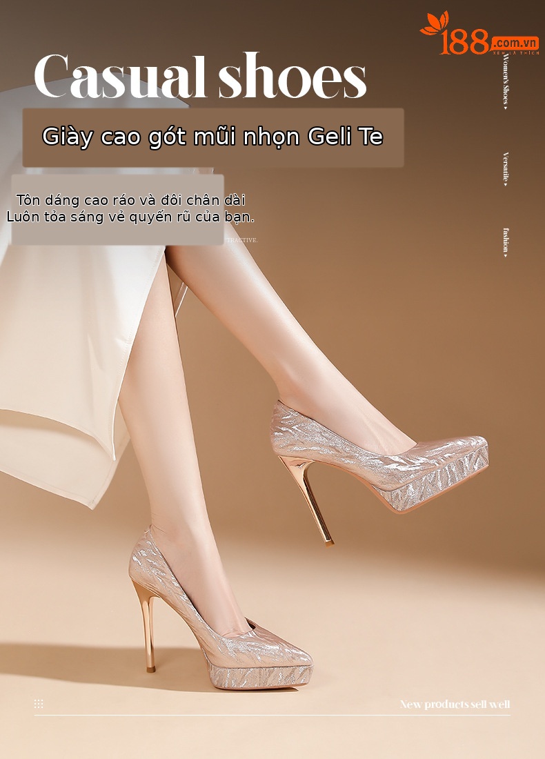 Giày cao gót nữ mũi nhọn kiểu Pháp, gót nhọn, đế xuồng chống thấm nước Gretel, miệng giày nông — Rượu sâm banh chi tiết 1