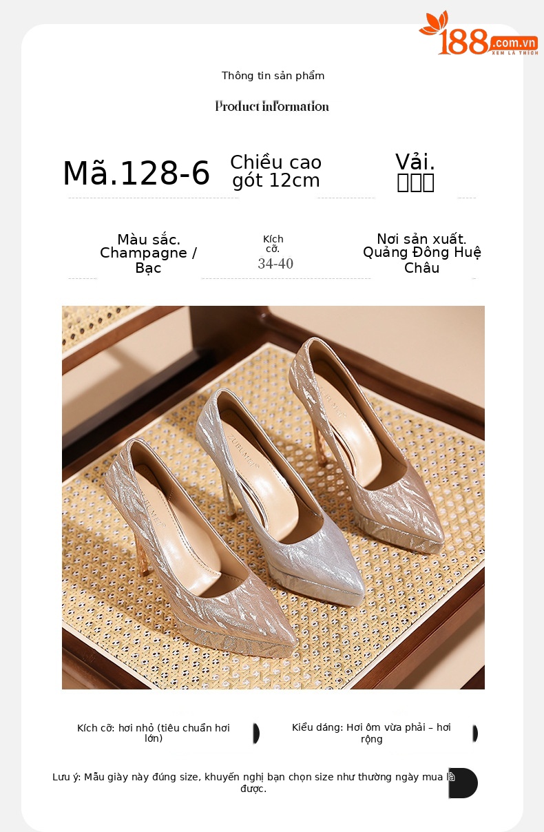 Giày cao gót nữ mũi nhọn kiểu Pháp, gót nhọn, đế xuồng chống thấm nước Gretel, miệng giày nông — Rượu sâm banh chi tiết 3