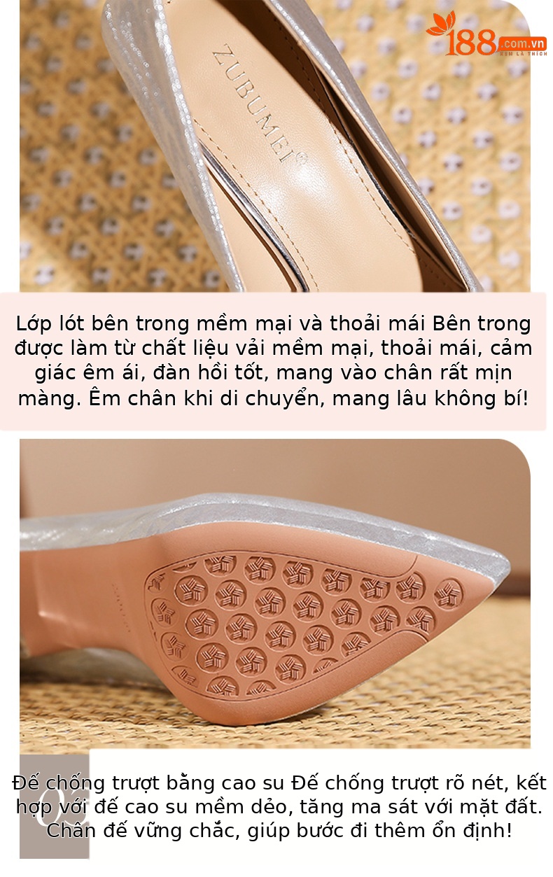 Giày cao gót nữ mũi nhọn kiểu Pháp, gót nhọn, đế xuồng chống thấm nước Gretel, miệng giày nông — Rượu sâm banh chi tiết 5