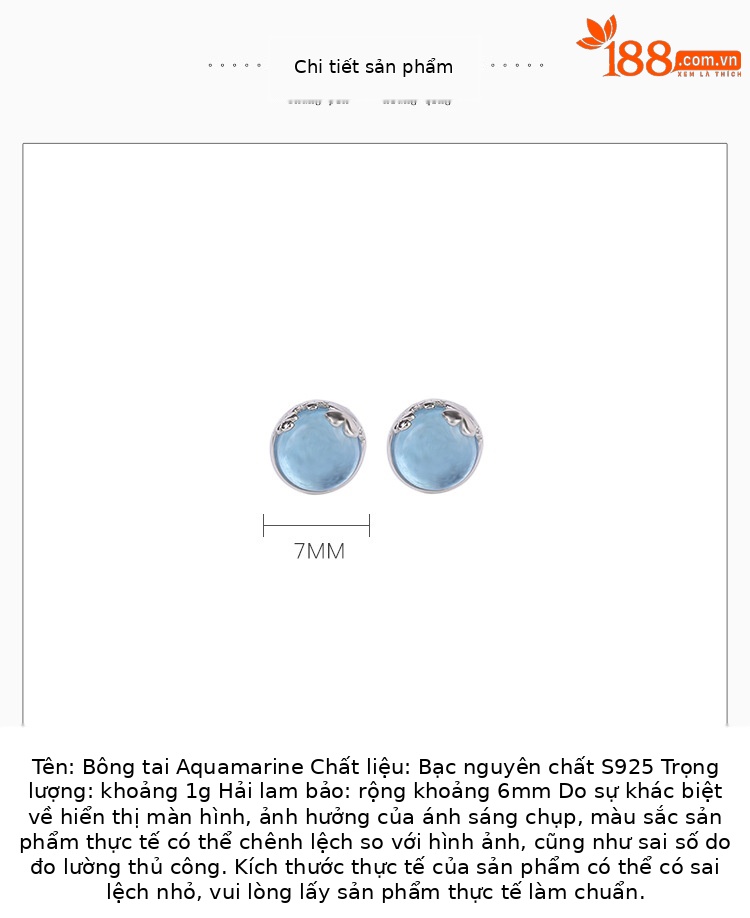 Khuyên tai bạc S925 hình cỏ ba lá đính đá Aquamarine tròn — một cặp chi tiết 2