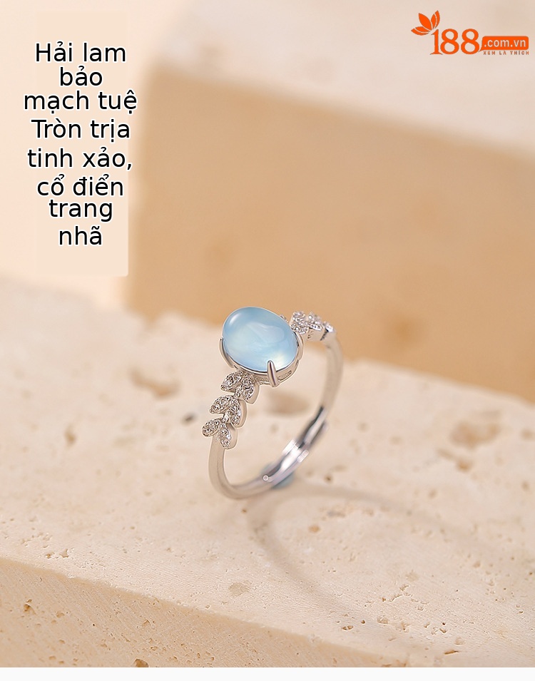 Nhẫn bạc S925 đính đá Aquamarine hình trứng mặt cắt tinh tế, kiểu mở điều chỉnh được — một mảnh chi tiết 1