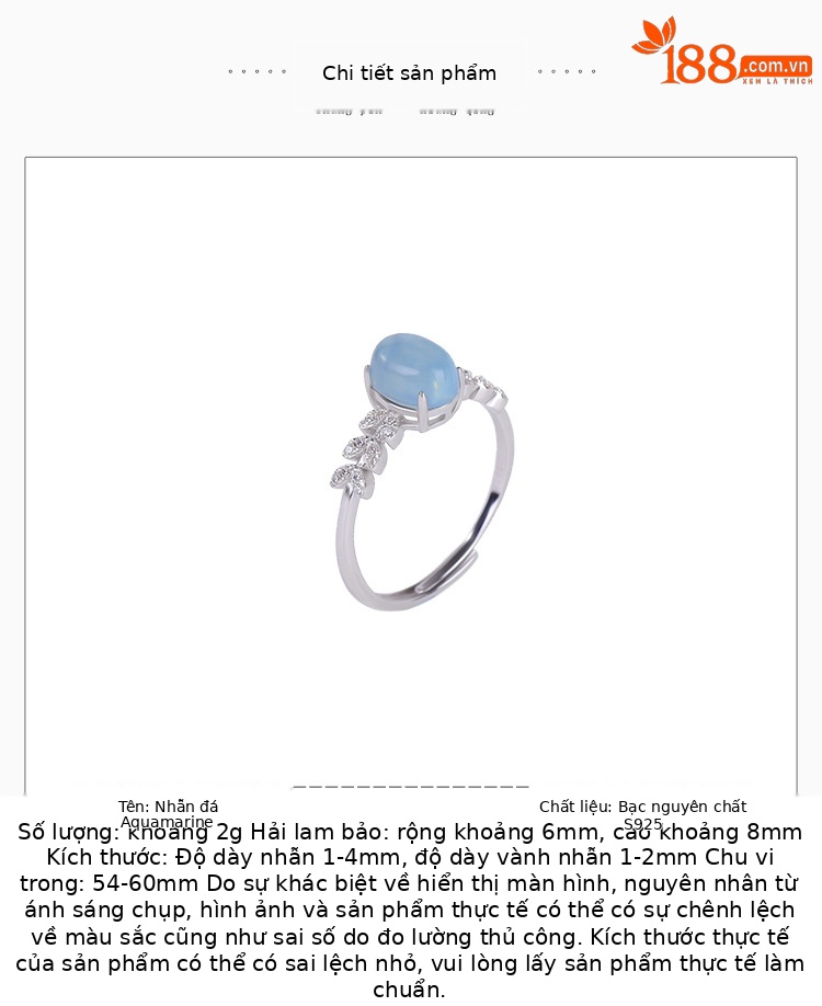 Nhẫn bạc S925 đính đá Aquamarine hình trứng mặt cắt tinh tế, kiểu mở điều chỉnh được — một mảnh chi tiết 2
