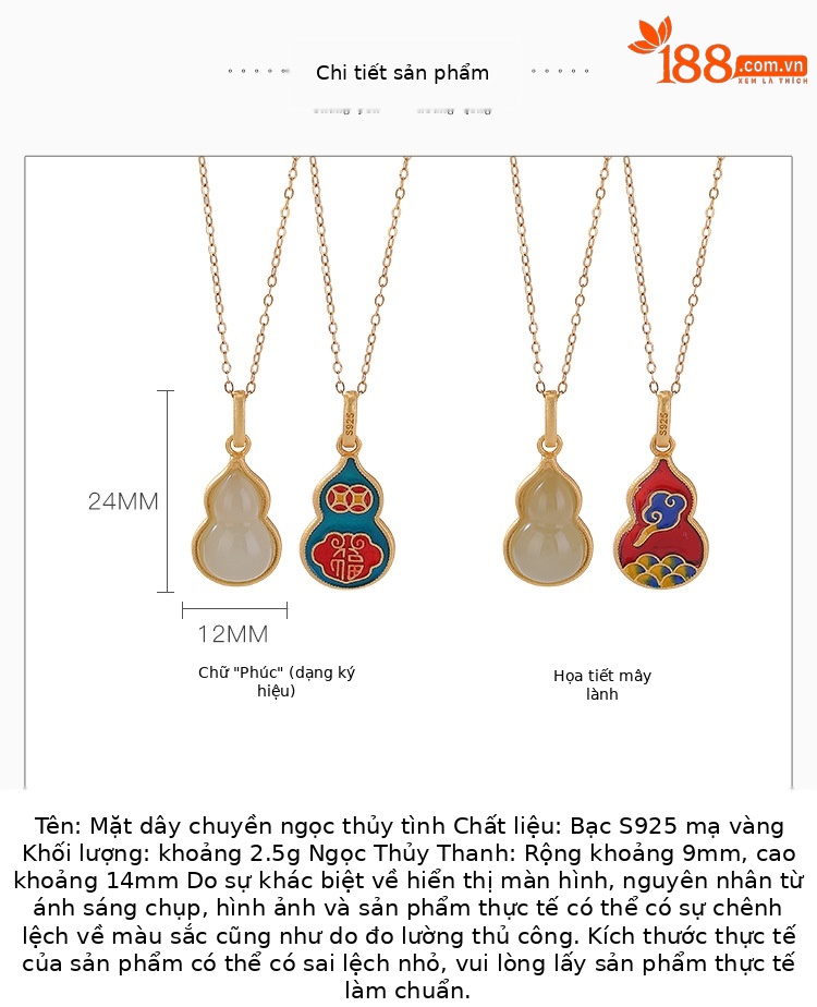 Mặt dây chuyền bạc S925 mạ vàng đính ngọc Hetian tự nhiên hình quả bầu phúc lộc — Phong cách nhân vật Fu (mặt dây chuyền đơn) chi tiết 2