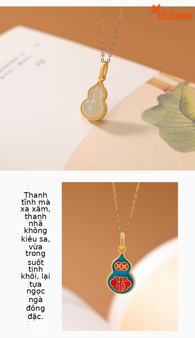 Mặt dây chuyền bạc S925 mạ vàng đính ngọc Hetian tự nhiên hình quả bầu phúc lộc — Phong cách nhân vật Fu (mặt dây chuyền đơn) chi tiết 3
