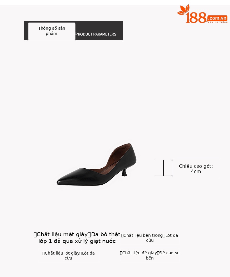 Giày cao gót nữ mũi nhọn da bò giặt, gót 4 cm, phong cách Hàn Quốc — màu đen chi tiết 3
