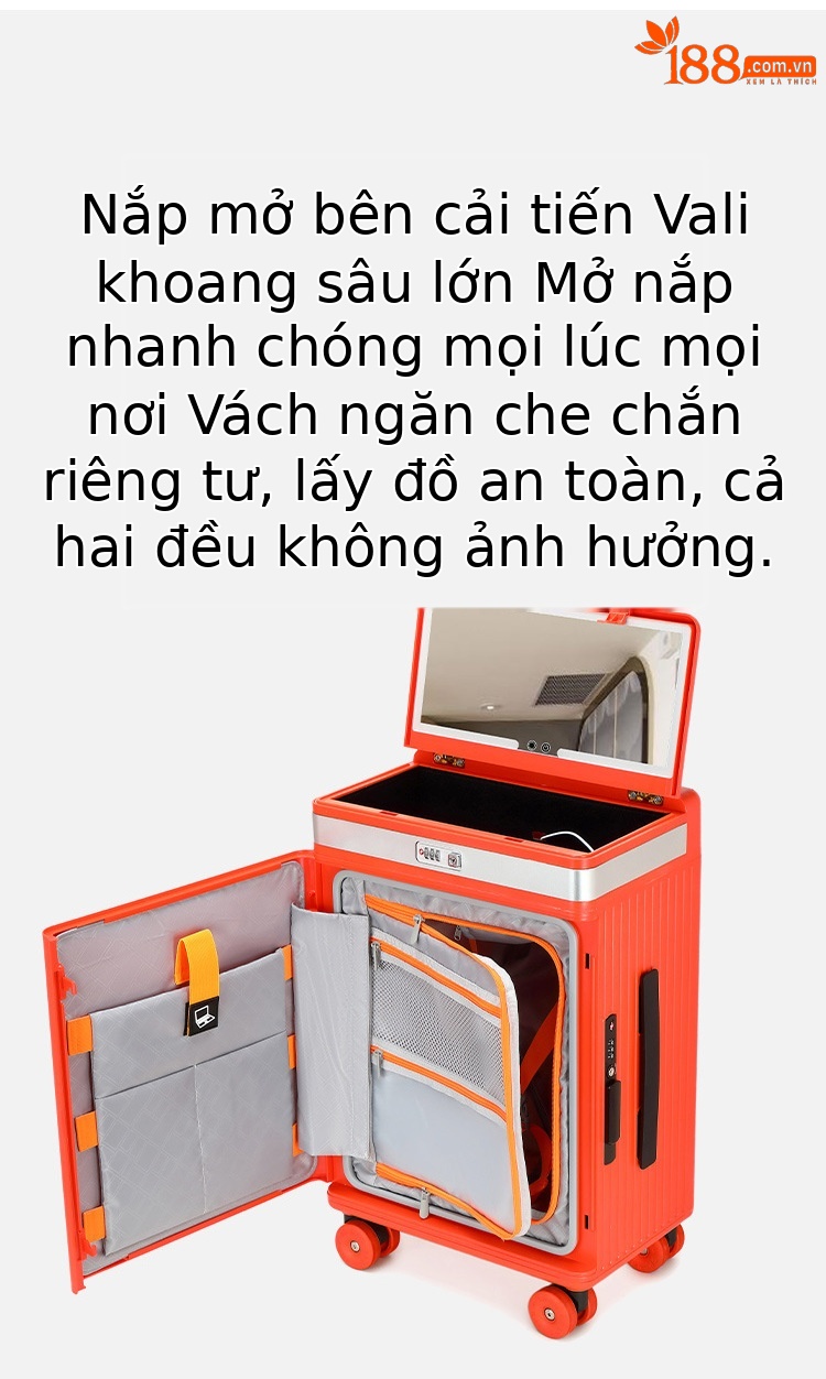 Vali trang điểm có gương mở bên hông, ngăn sâu, sạc USB, đèn led điều chỉnh độ sáng, kèm giá đỡ cốc và điện thoại — Đêm cực đen + tay cầm đen + bánh xe đen chi tiết 10
