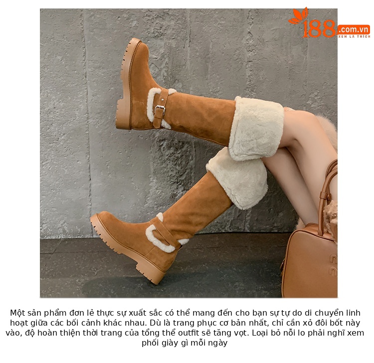 Boot tuyết nữ đế dày cổ cao quá gối lót lông cừu chống trơn trượt bo gấu lông — màu nâu chi tiết 4