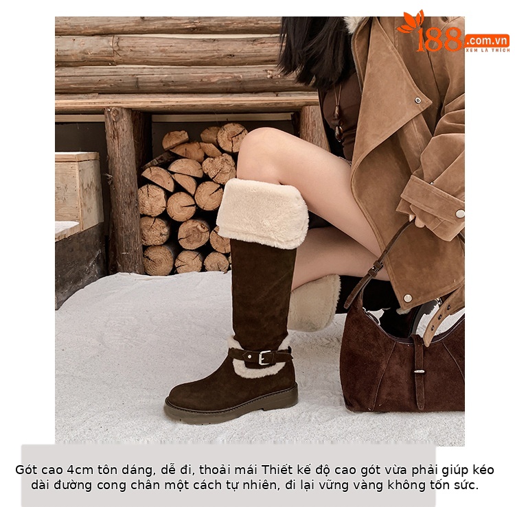 Boot tuyết nữ đế dày cổ cao quá gối lót lông cừu chống trơn trượt bo gấu lông — màu nâu chi tiết 6
