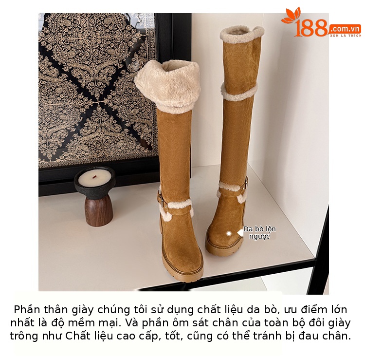 Boot tuyết nữ đế dày cổ cao quá gối lót lông cừu chống trơn trượt bo gấu lông — màu nâu chi tiết 7
