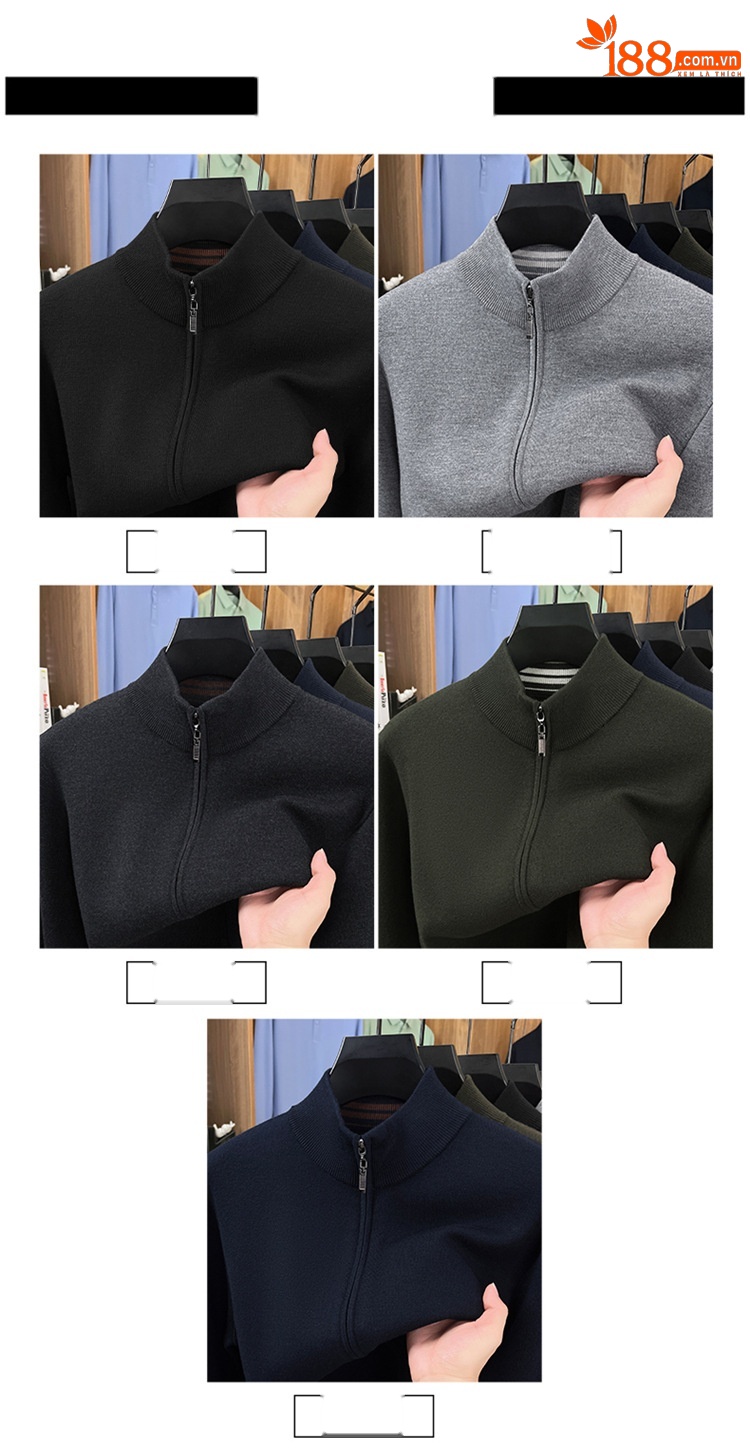Áo len cardigan nam Haggis 100% len dày dặn có khóa kéo dệt kim cổ đứng — màu đen chi tiết 4