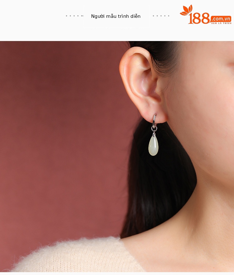 Bông tai dài giọt nước bạc S925 đính ngọc Hetian phong cách đơn giản — một cặp chi tiết 4
