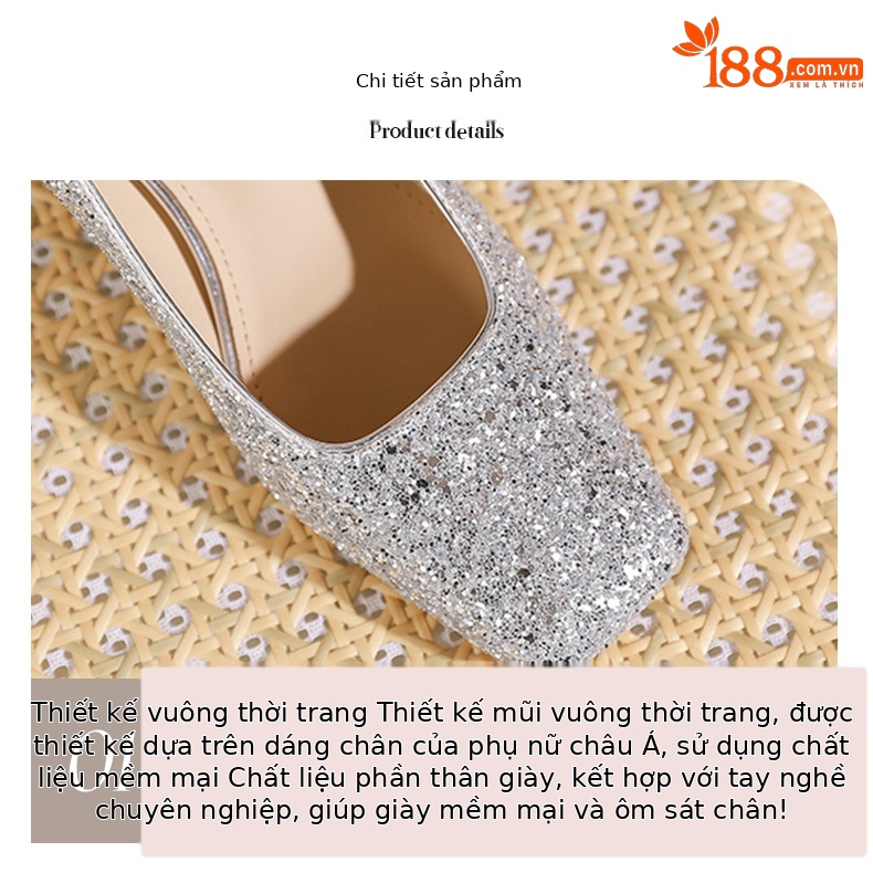 Giày cao gót nữ mũi vuông quai ngang đính ngọc trai, gót vuông ổn định, phong cách Pháp — Champagne màu chi tiết 4