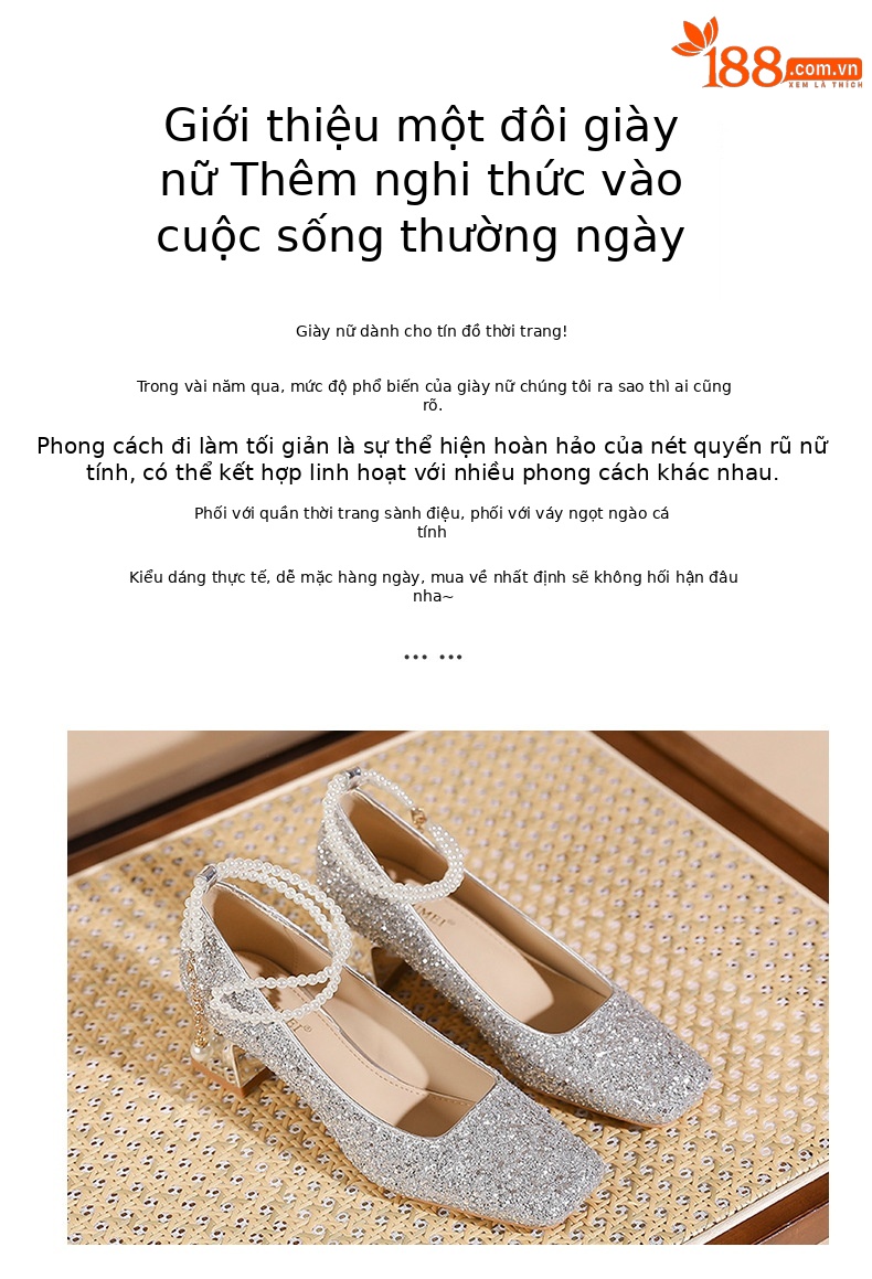 Giày cao gót nữ mũi vuông quai ngang đính ngọc trai, gót vuông ổn định, phong cách Pháp — Champagne màu chi tiết 2