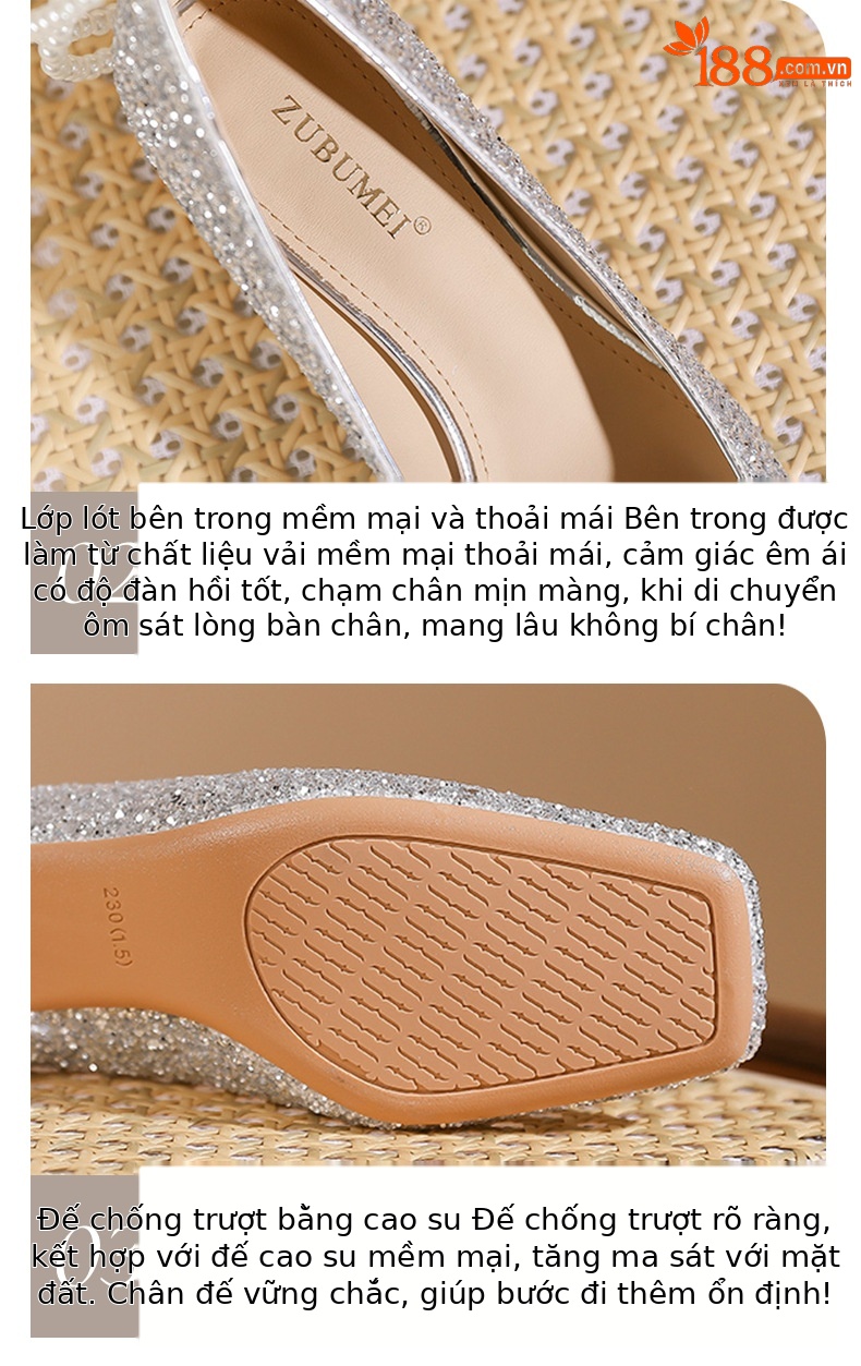 Giày cao gót nữ mũi vuông quai ngang đính ngọc trai, gót vuông ổn định, phong cách Pháp — Champagne màu chi tiết 5