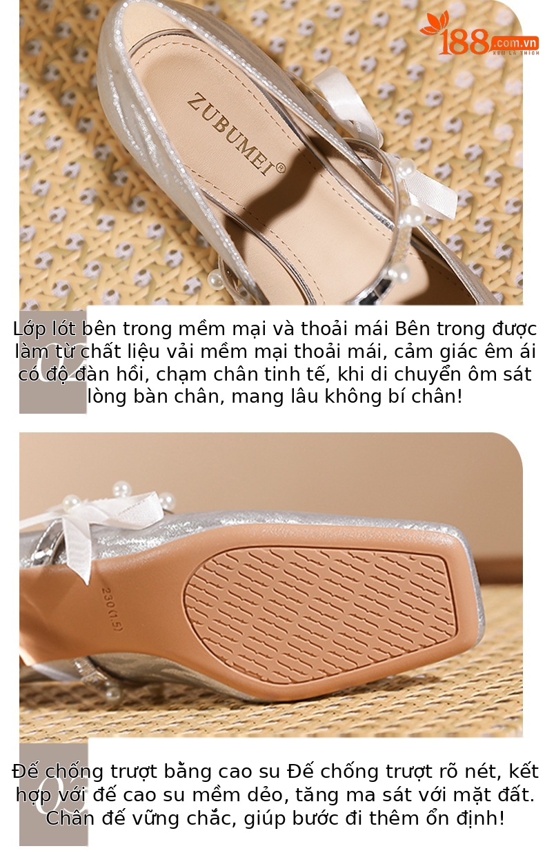Giày cao gót nữ mũi vuông quai ngang gót 6 cm phong cách Pháp — Champagne màu chi tiết 5
