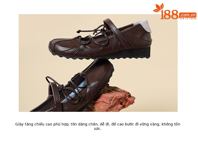 Giày Mary Jane nữ da bò đế bằng phong cách thể thao buộc dây, gót nêm 3 cm — nâu đậm chi tiết 6