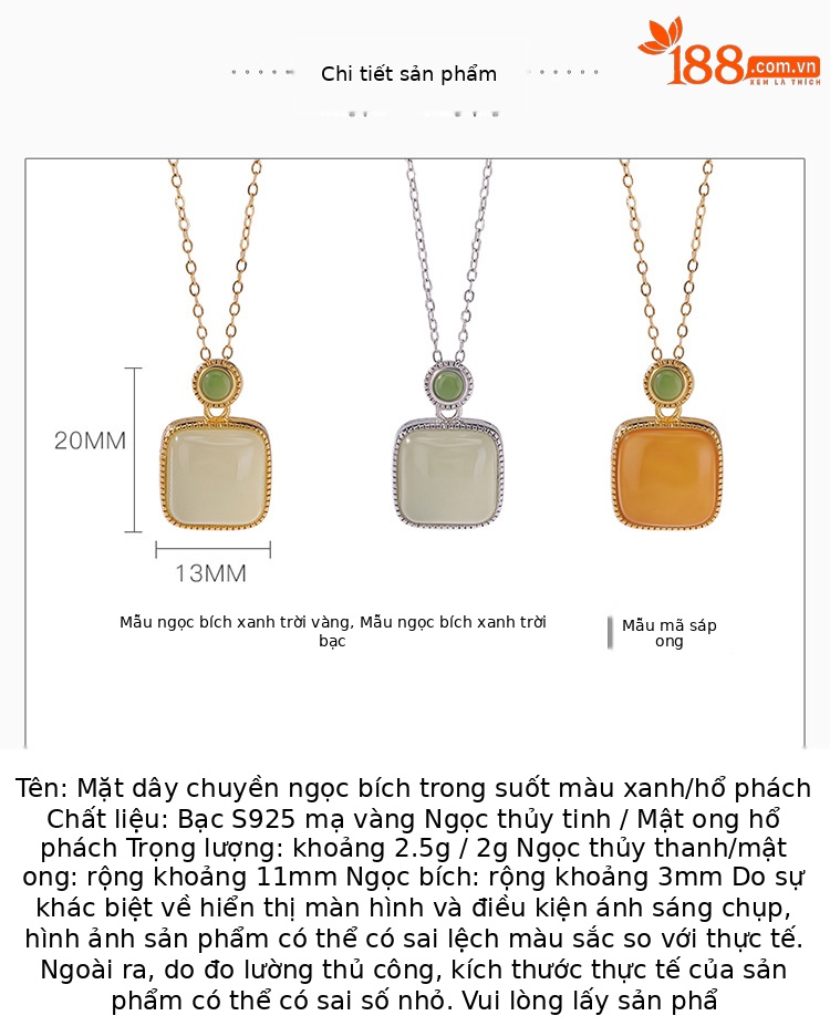 Mặt dây chuyền bạc S925 mạ vàng hình học vuông đính ngọc Hetian trong suốt, phong cách thời trang — Mô hình sáp ong (không bao gồm dây chuyền) chi tiết 2