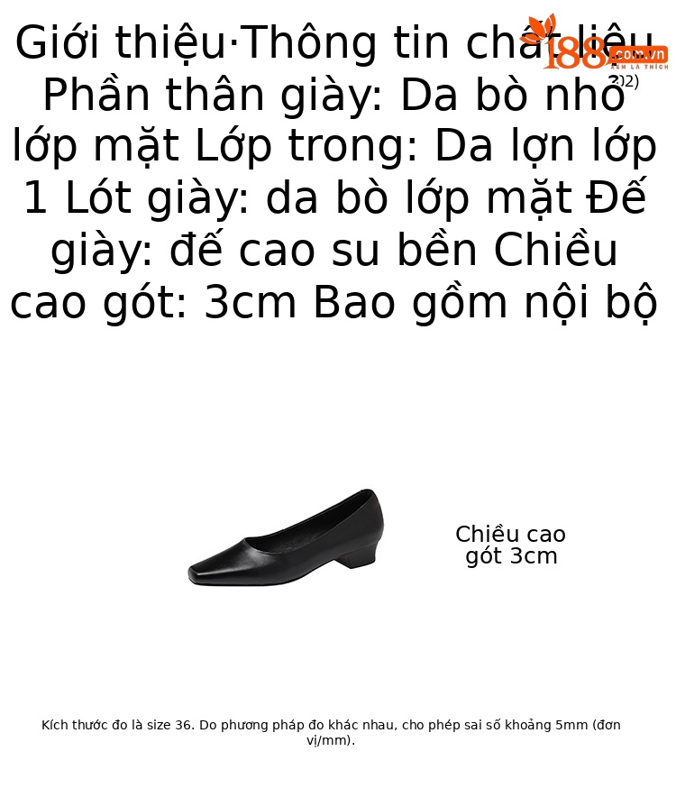 Giày da bò nữ gót thấp 3 cm mũi vuông miệng nông phong cách Hàn Quốc — màu đen chi tiết 3