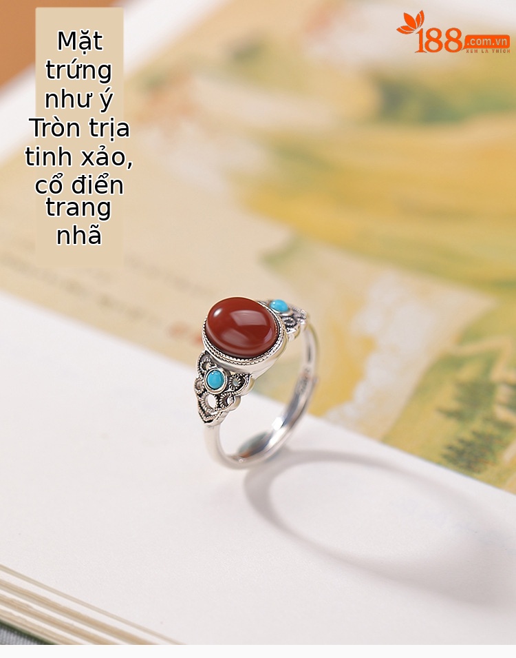 Nhẫn bạc S925 đính đá cabochon hình học phong cách vintage retro — một mảnh chi tiết 1