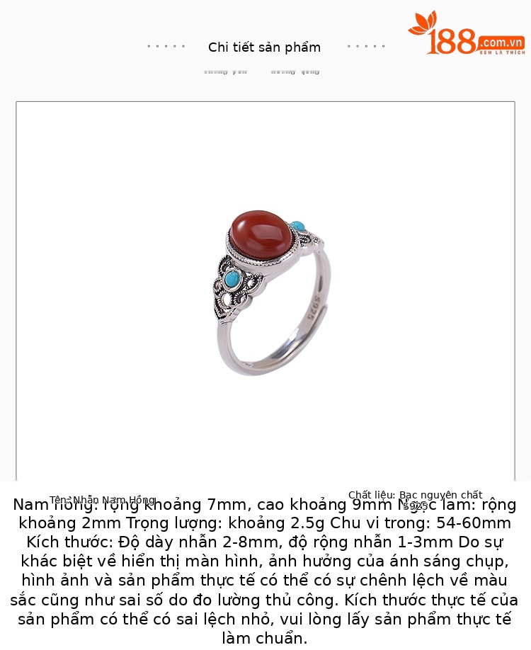 Nhẫn bạc S925 đính đá cabochon hình học phong cách vintage retro — một mảnh chi tiết 2